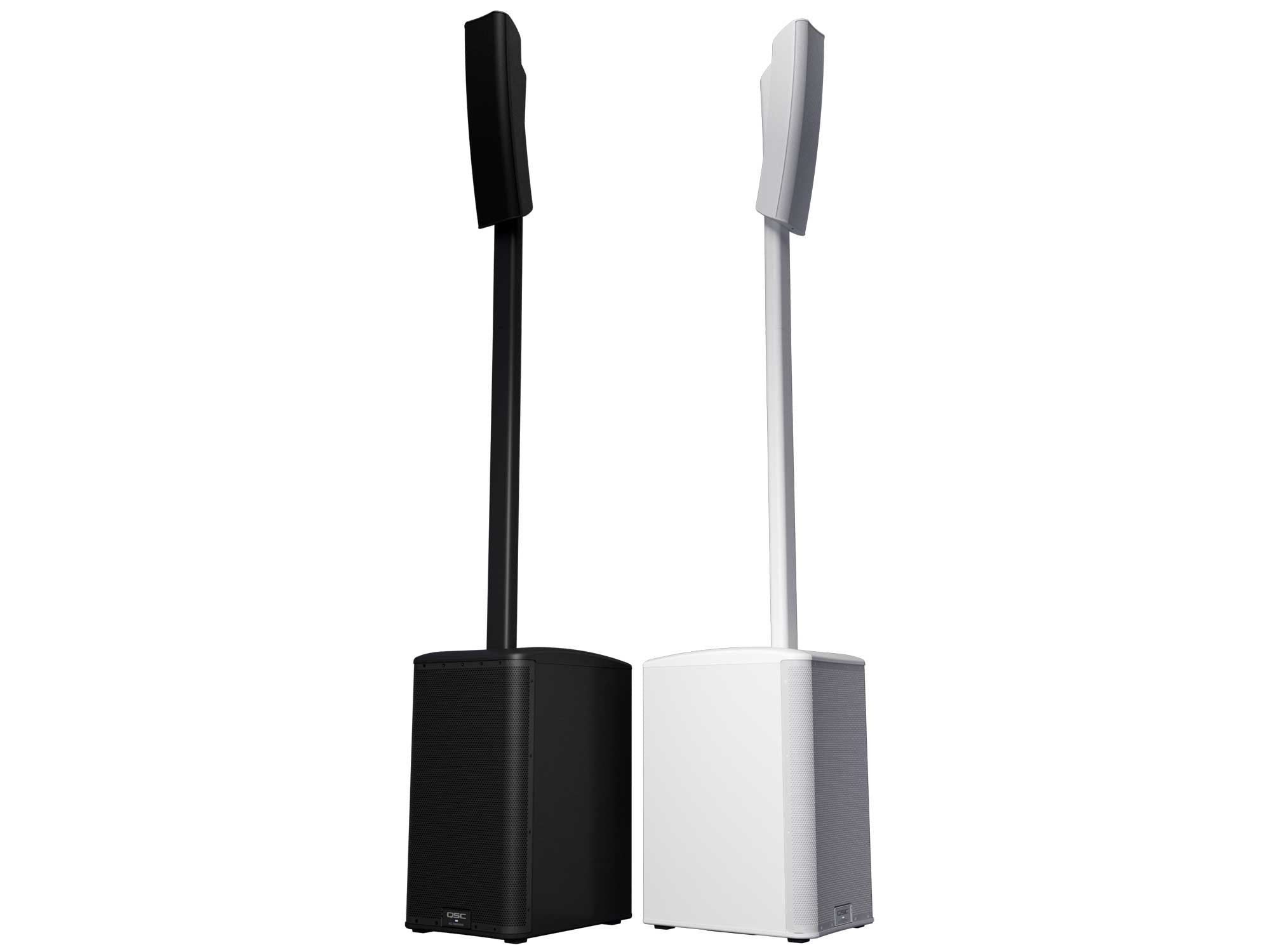 QSC KC12 pair in black and white finishes using column pole