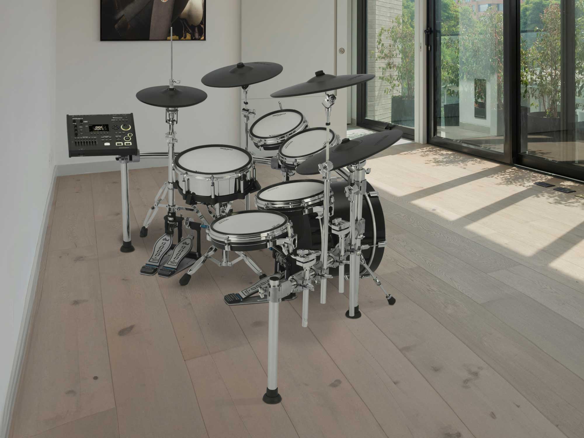Rear-right view of Roland TD716 electronic drum set