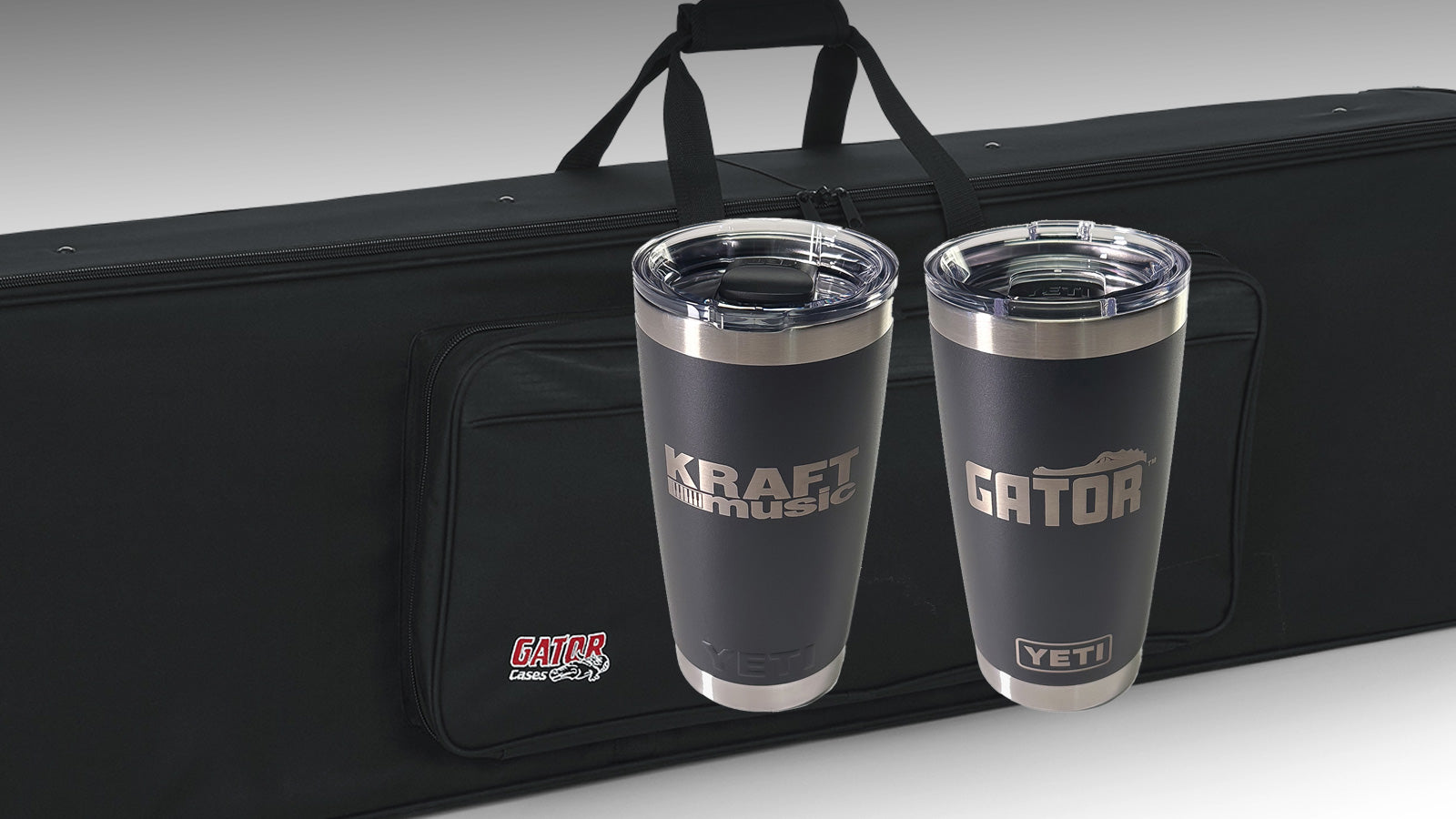 Gator piano case with front and back images of a Gator logo YETI tumbler.