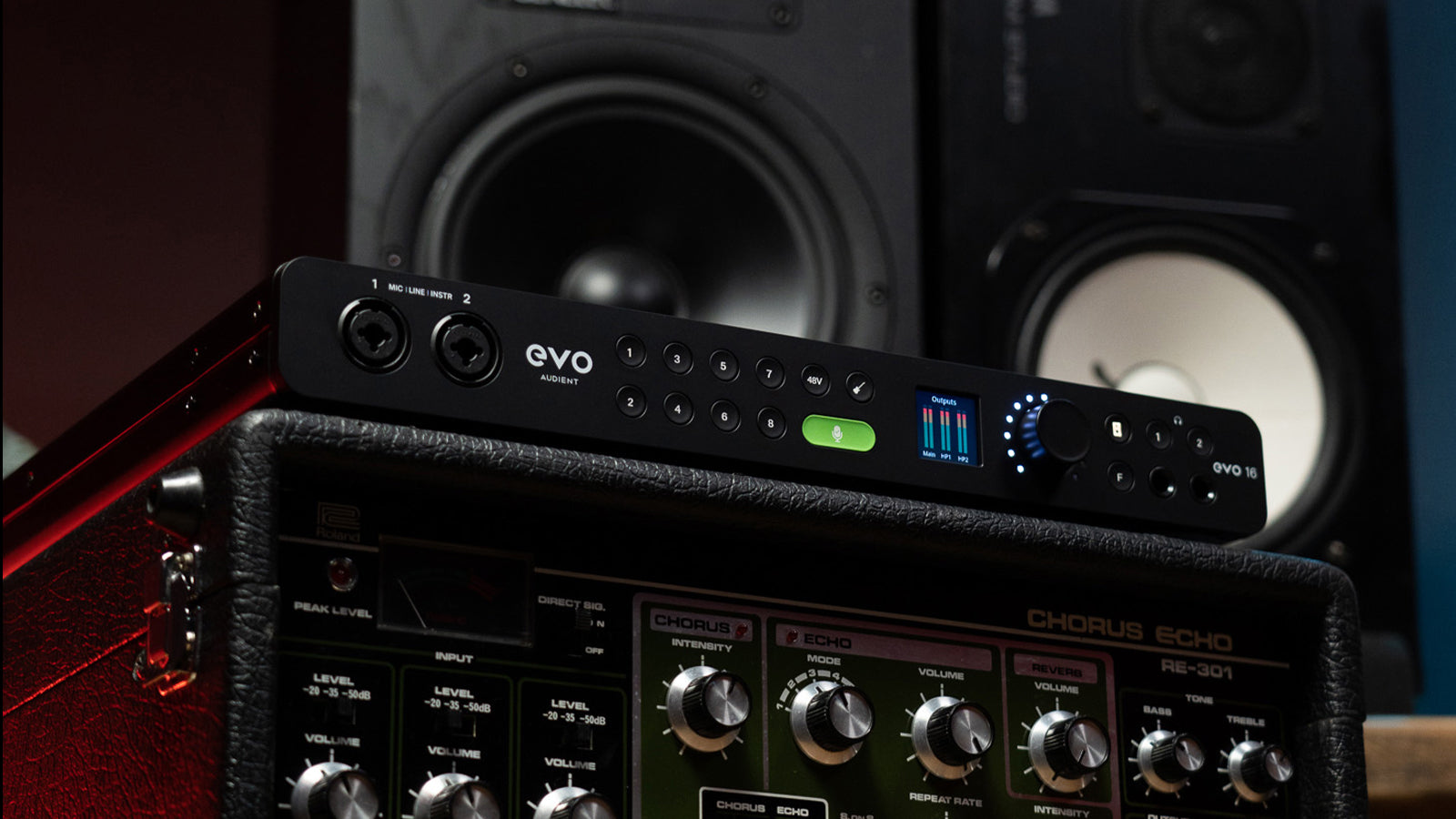 An Audient evo preamp on top of a road case