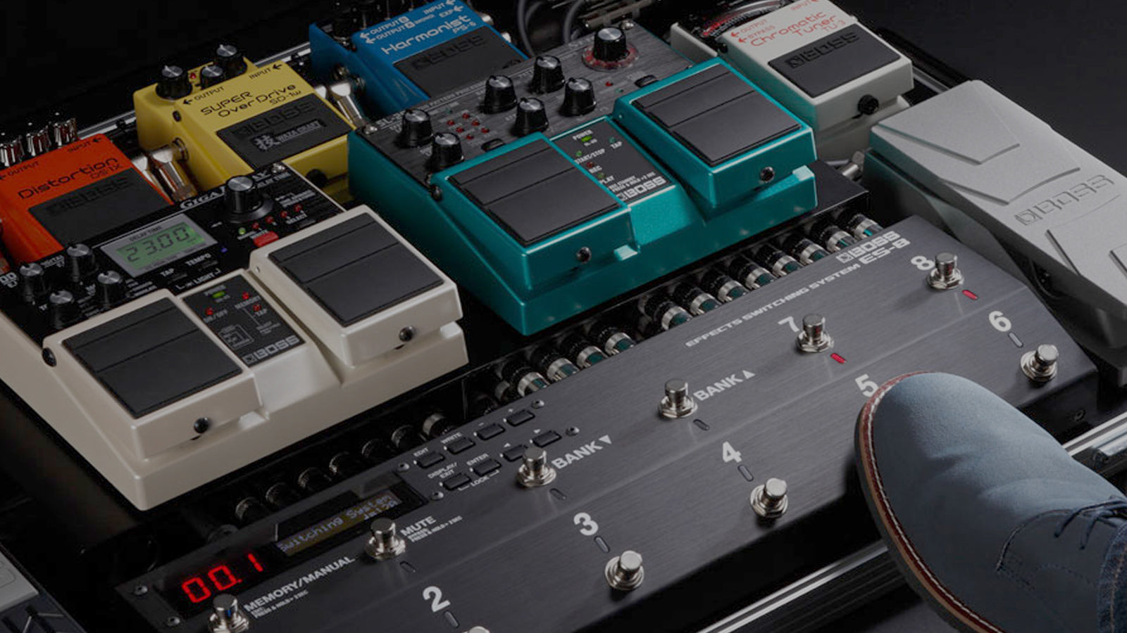 A Boss pedalboard with a foot pressing a pedal