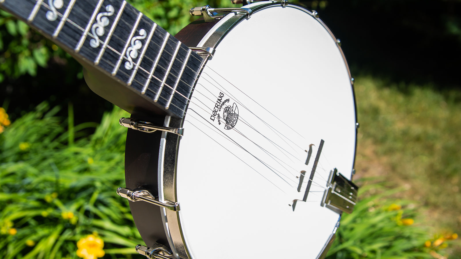 A Deering banjo in an outdoor setting