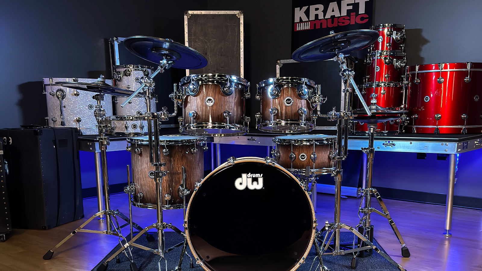 A DWe drum set in a studio