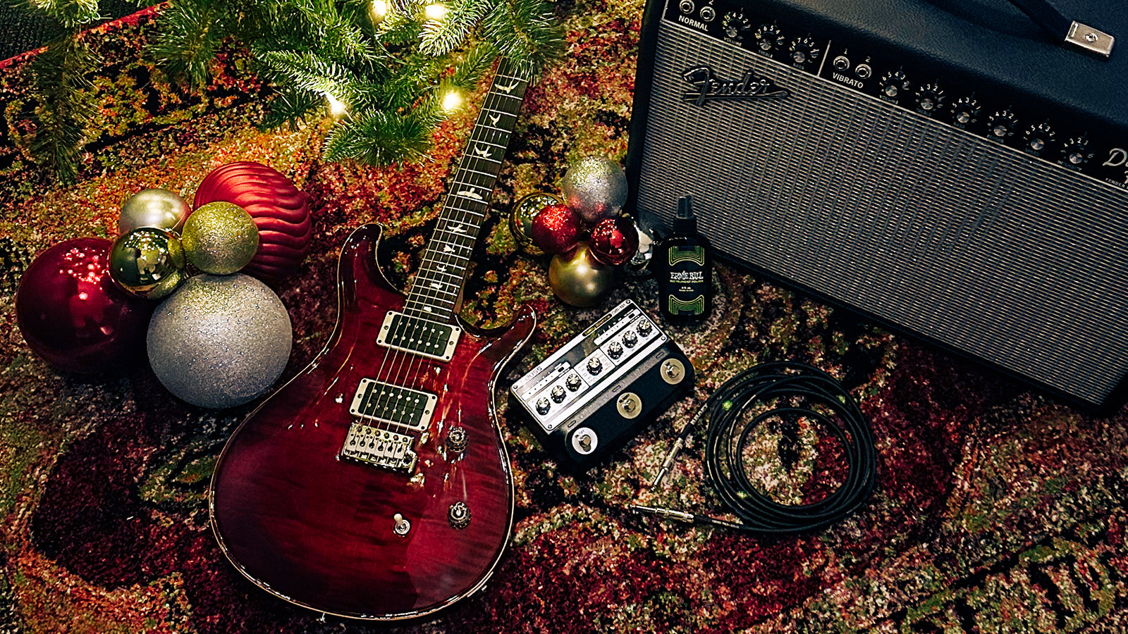 A guitar and amplifier under a tree