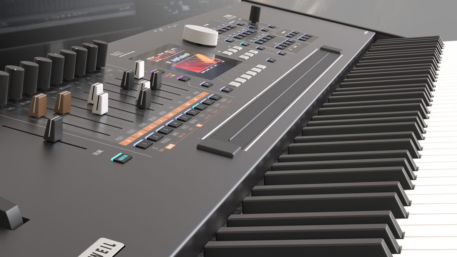 Closeup side view of K2088 keyboard and controls
