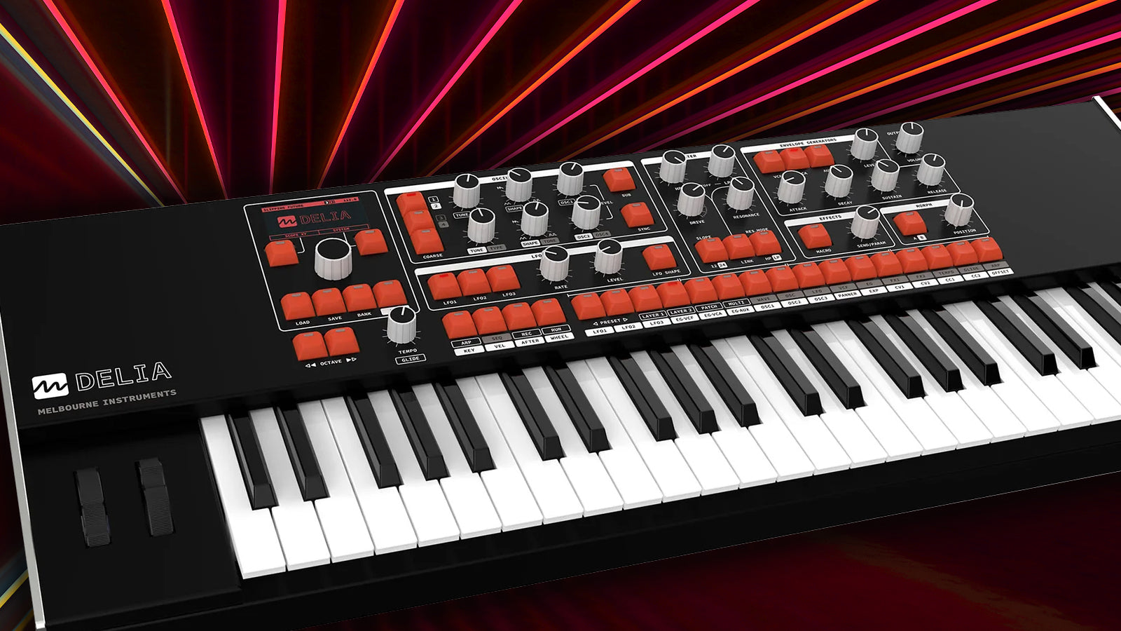 A Melbourne Instruments Delia with laser lights in the background