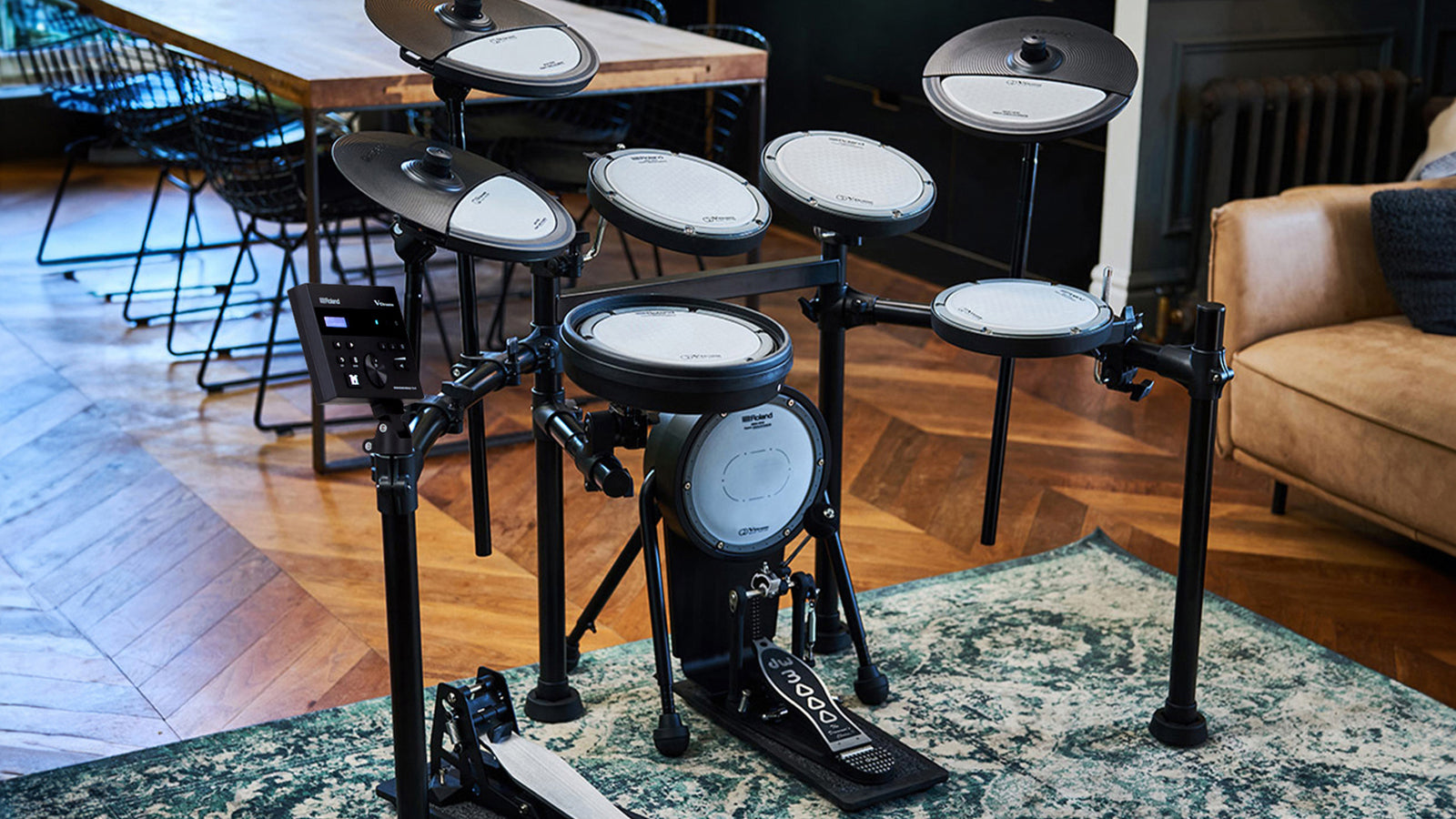 A Roland V-Drums Quiet Design in a living room