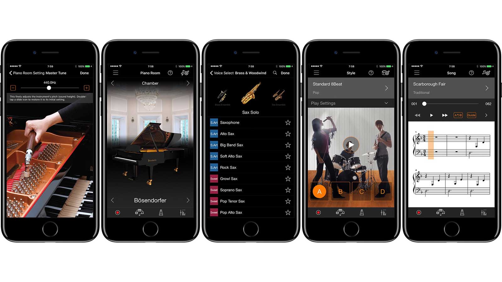 Collage of iPhone screen shots from the Smart Pianist app