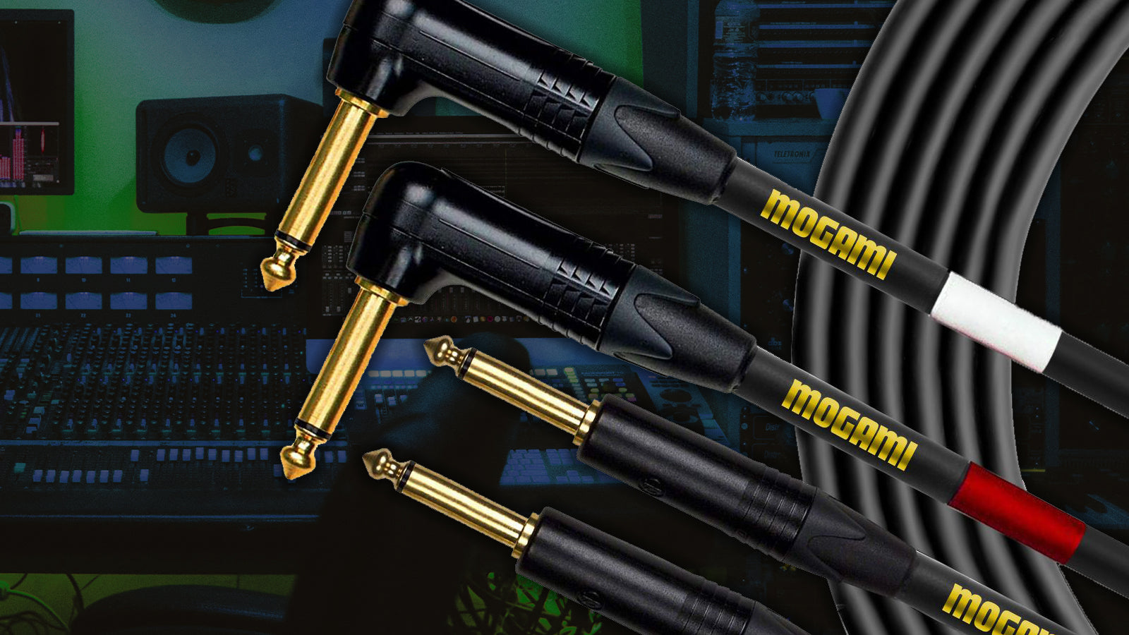 Several Mogami cables with a studio in the background