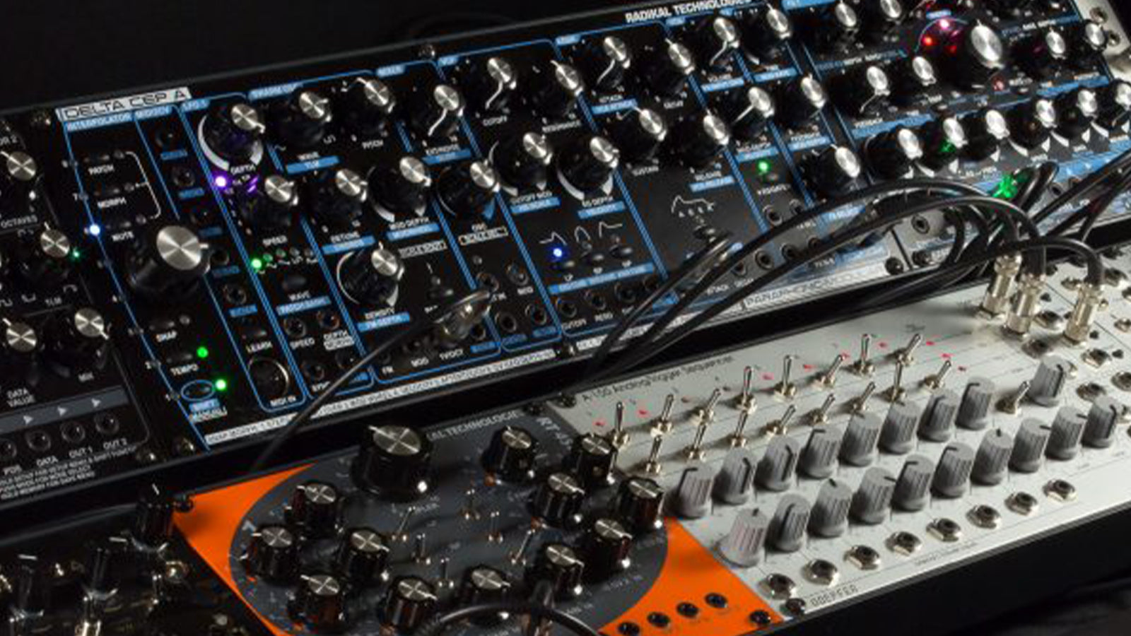 Some Radikal Technologies eurorack modules connected in a studio
