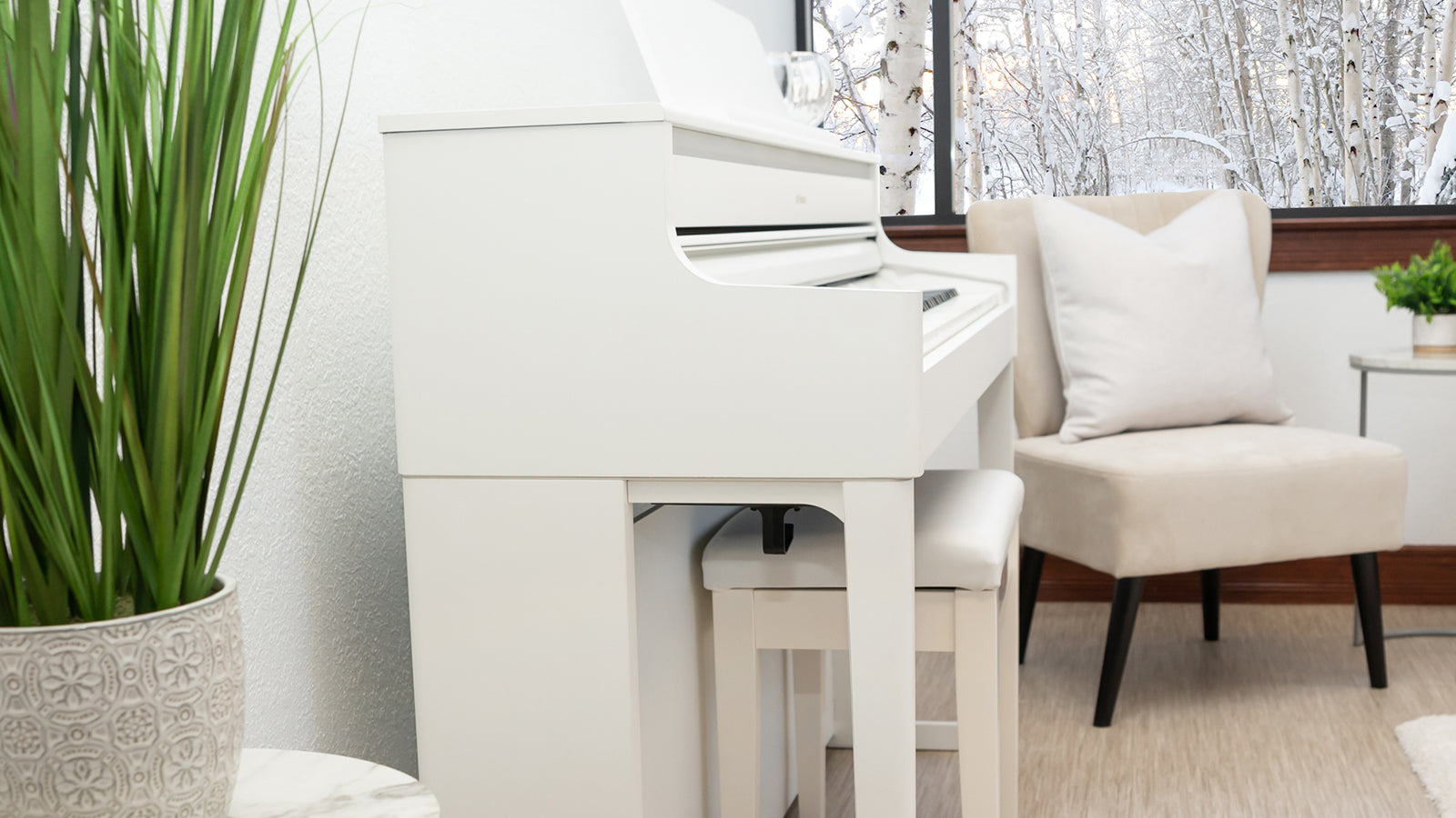 A Roland digital piano in a stylish living room