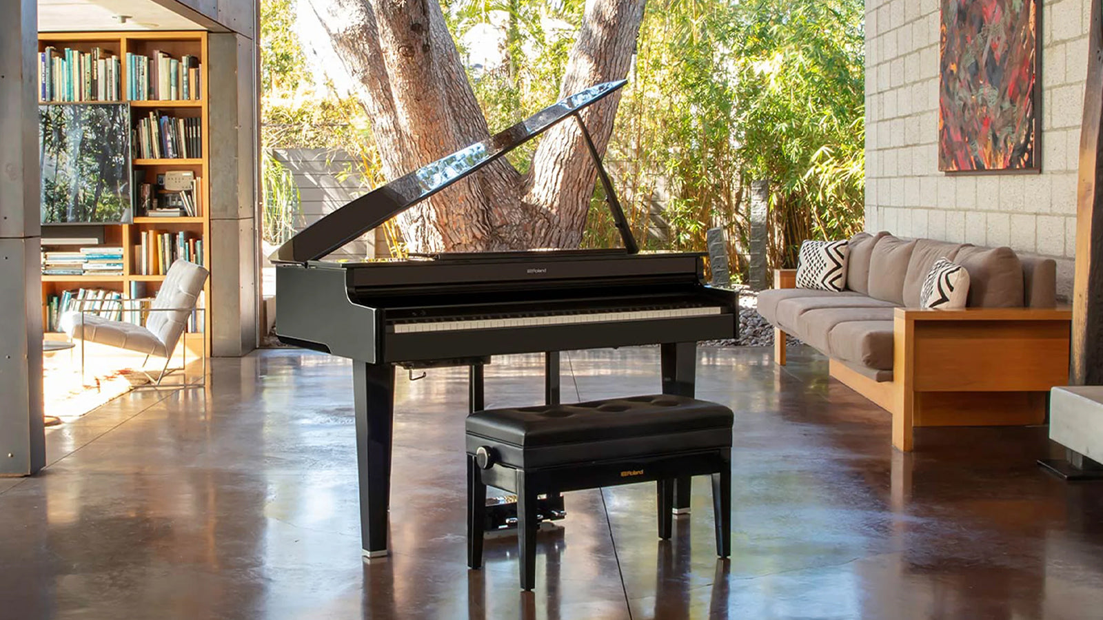 A Roland GP-6 digital grand piano in a very modern and stylish living space