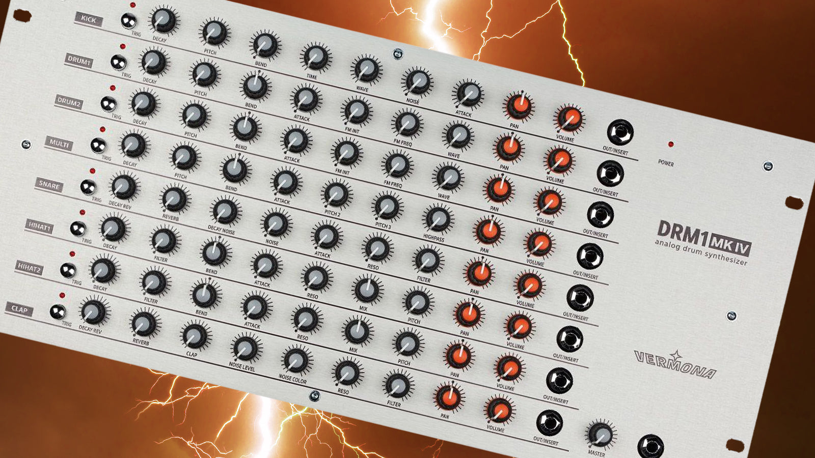 A Vermona drum synth with lightning in the background