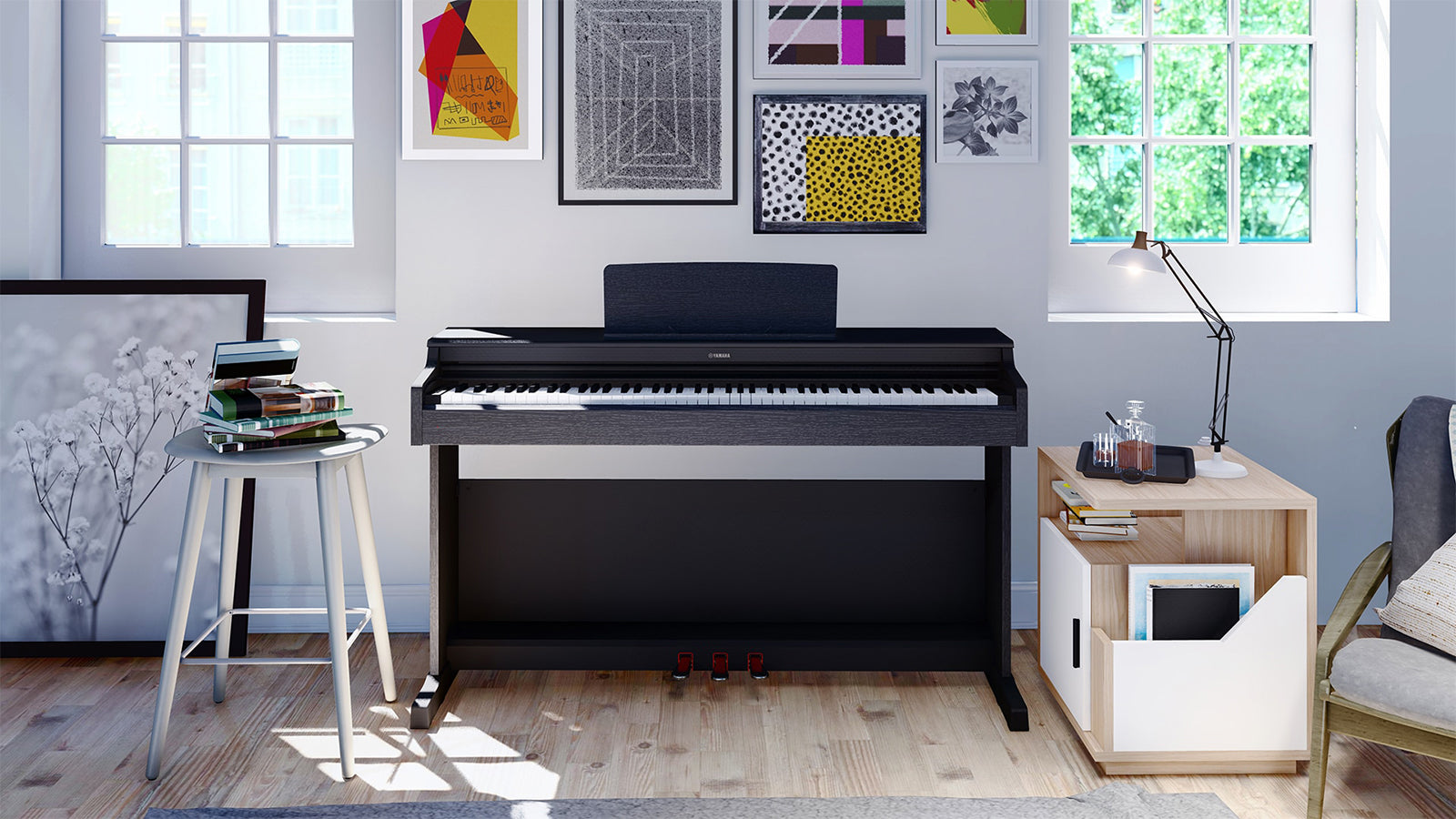 A Yamaha ARIUS piano in an art studio
