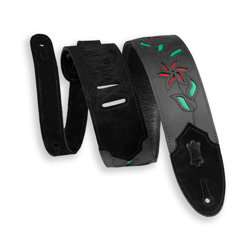 Levy's Flowering Vine Black Leather Strap, Red Flowers and Green Leaves, View 1