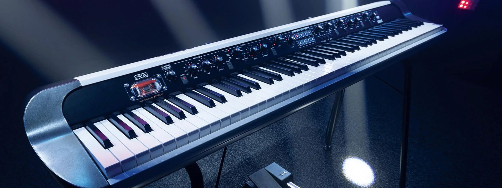 Korg SV2 Digital Piano angled view with stage lighting