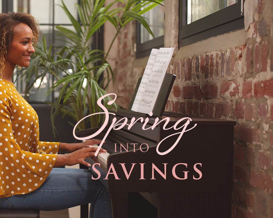 Woman at Kawai digital piano with text "Spring into Savings"
