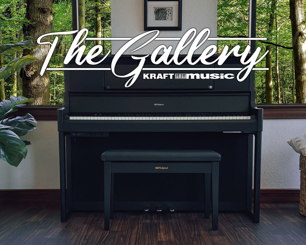 Roland Digital piano with logo reading "The Gallery - Kraft Music"