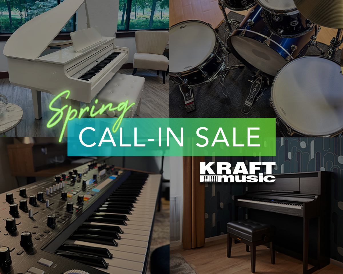 Collage of instruments with text: Spring Call-in Sale Kraft Music