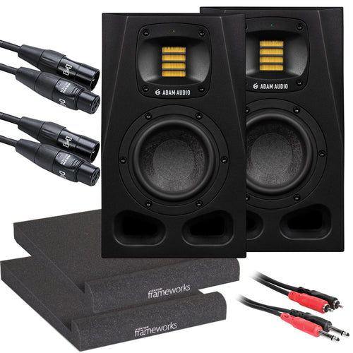 Collage of the components in the ADAM Audio A4V 4" Active Studio Monitor Speaker STUDIO KIT bundle