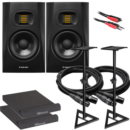 Collage of items in the Adam Audio T5V Monitor Speaker STUDIO ESSENTIALS BUNDLE