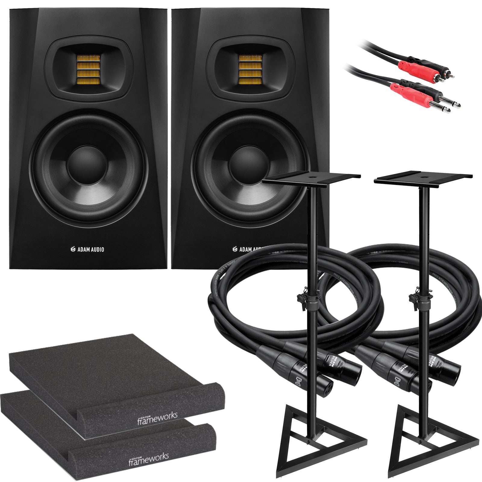 Collage of items in the Adam Audio T5V Monitor Speaker STUDIO ESSENTIALS BUNDLE