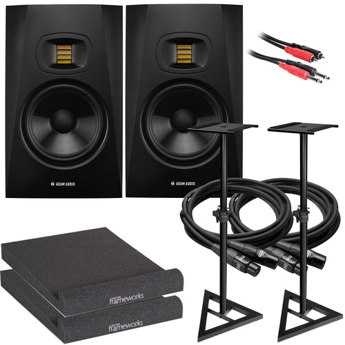 Collage of items in the ADAM Audio T7V 7" Active Studio Monitor Speaker STUDIO ESSENTIALS BUNDLE