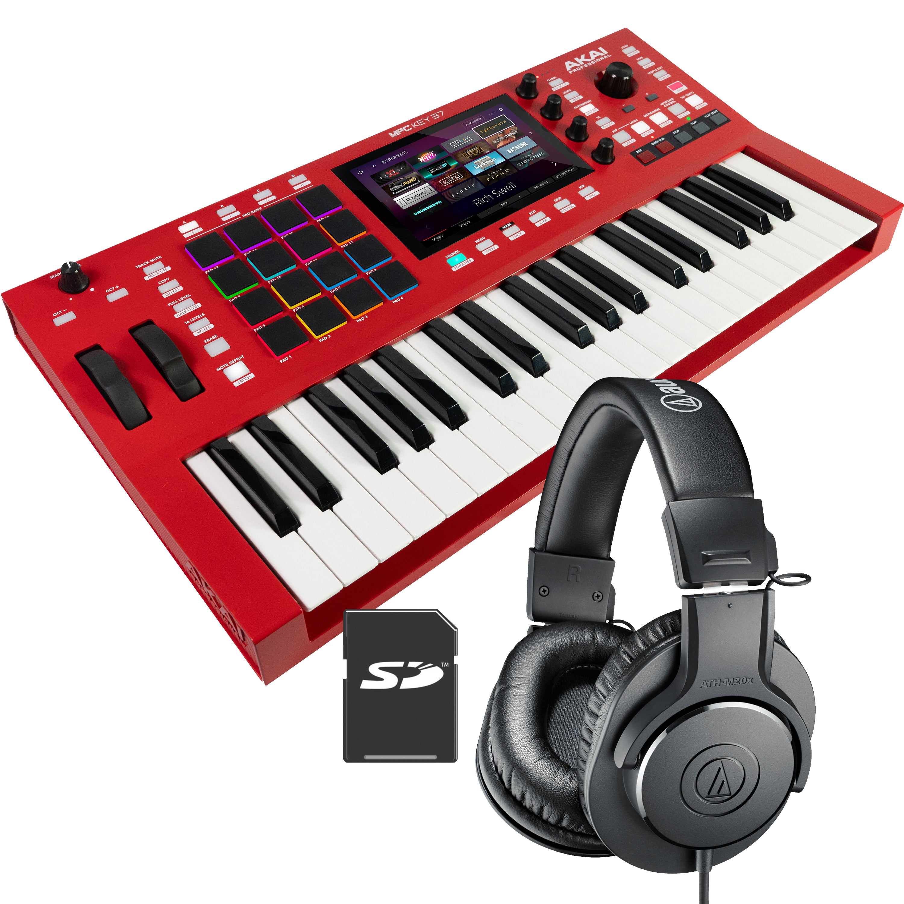 Collage showing components in Akai Professional MPC Key 37 Production & Synthesizer Keyboard STUDIO KIT