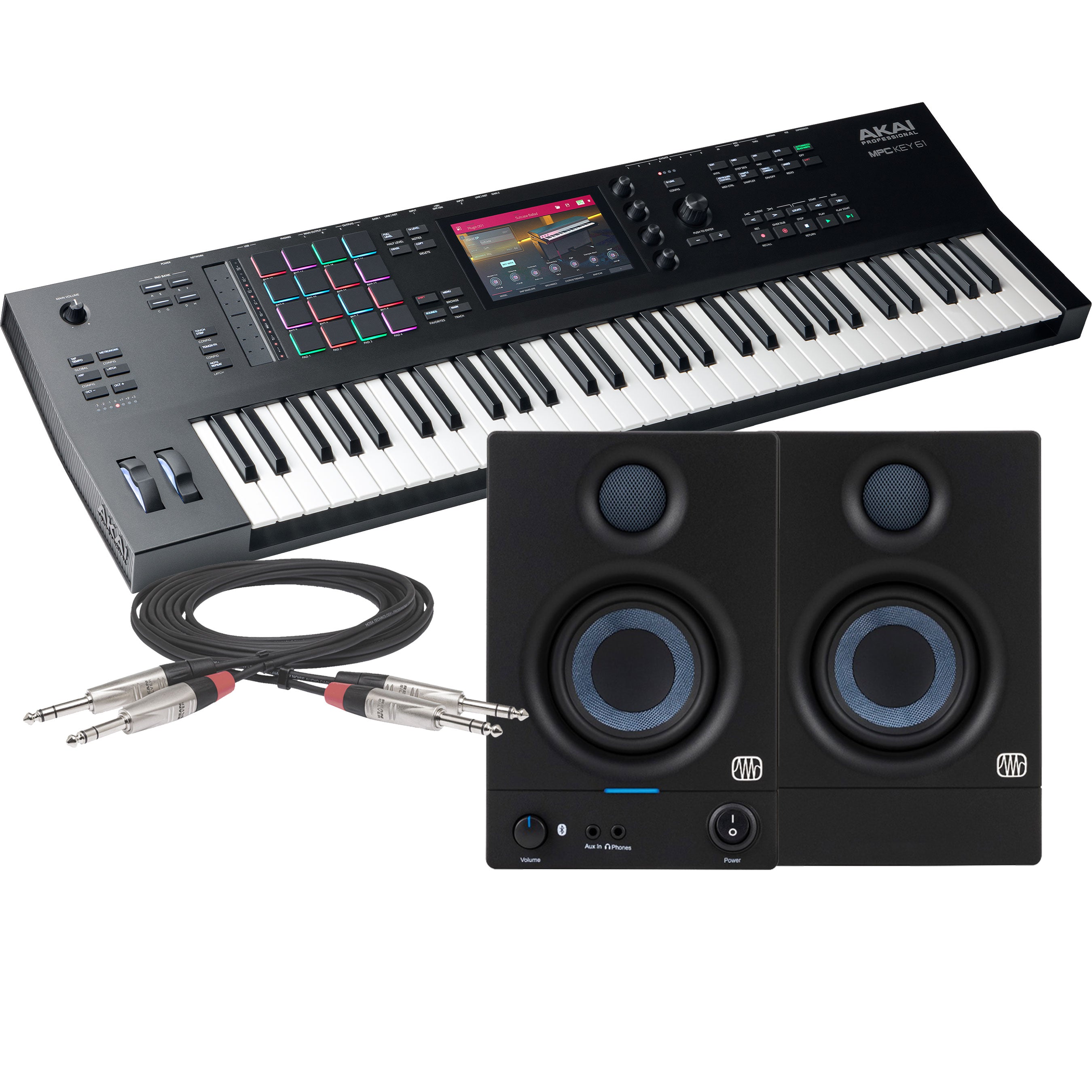 Collage showing components in Akai Professional MPC Key 61 Production & Synthesizer Keyboard STUDIO RIG