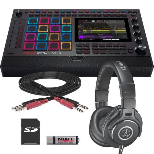 Collage showing components in Akai Professional MPC Live III Standalone Music Production Center STUDIO KIT