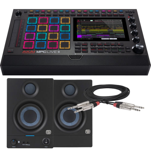 Collage showing components in Akai Professional MPC Live III Standalone Music Production Center STUDIO RIG