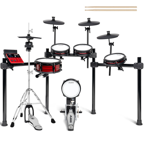 Collage of items included in the Alesis Nitro Ultimate 9-Piece Electronic Drum Kit BONUS PAK