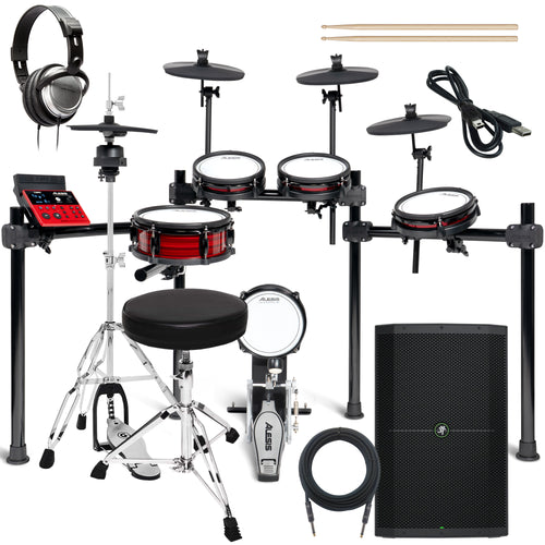 Collage of items included in the Alesis Nitro Ultimate 9-Piece Electronic Drum Kit COMPLETE DRUM BUNDLE