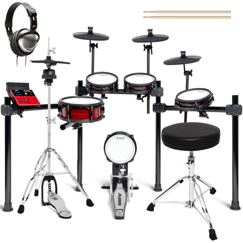 Collage of items included in the Alesis Nitro Ultimate 9-Piece Electronic Drum Kit DRUM ESSENTIALS BUNDLE