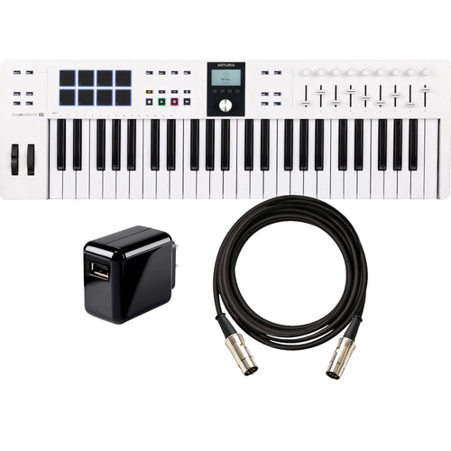 Collage showing components in Arturia KeyLab Essential 49 Mk3 Keyboard Controller - White POWER & CABLE KIT