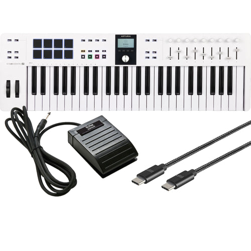 Collage showing components in Arturia KeyLab Essential 49 Mk3 Keyboard Controller - White STUDIO KIT