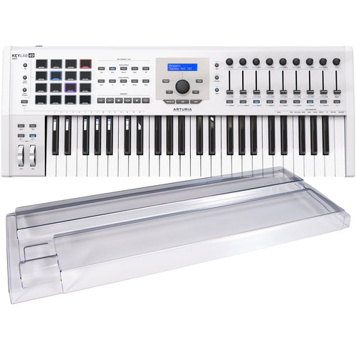 Collage showing components in Arturia KeyLab MkII 49 MIDI/USB/CV Controller - White DECKSAVER KIT