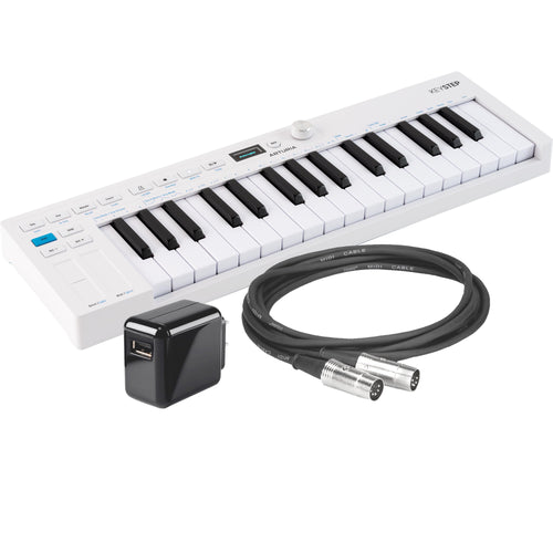 Collage showing components in Arturia KeyStep Mk2 Controller and Sequencer POWER & CABLE KIT