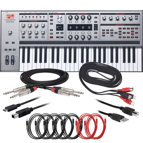 Collage showing components in ASM Hydrasynth Keyboard Silver Edition Polyphonic Synthesizer CABLE KIT