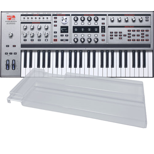 Collage showing components in ASM Hydrasynth Keyboard Silver Edition Polyphonic Synthesizer DECKSAVER KIT