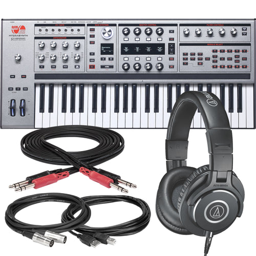 Collage showing components in ASM Hydrasynth Keyboard Silver Edition Polyphonic Synthesizer STUDIO KIT