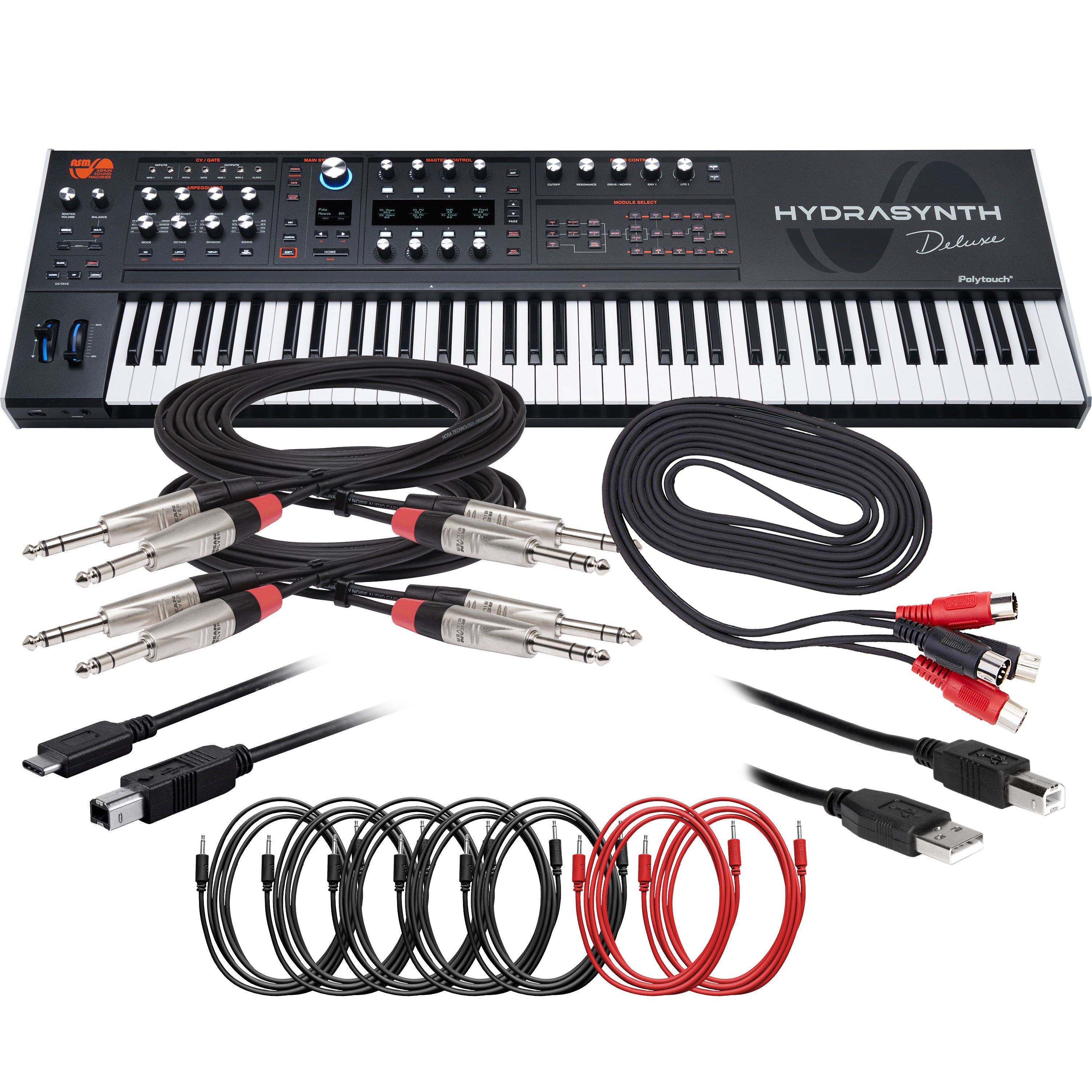 Bundle collage showing components in ASM Hydrasynth Deluxe Polyphonic Wavemorphing Synthesizer CABLE KIT bundle
