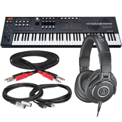 Bundle collage showing components in ASM Hydrasynth Deluxe Polyphonic Wavemorphing Synthesizer STUDIO KIT bundle