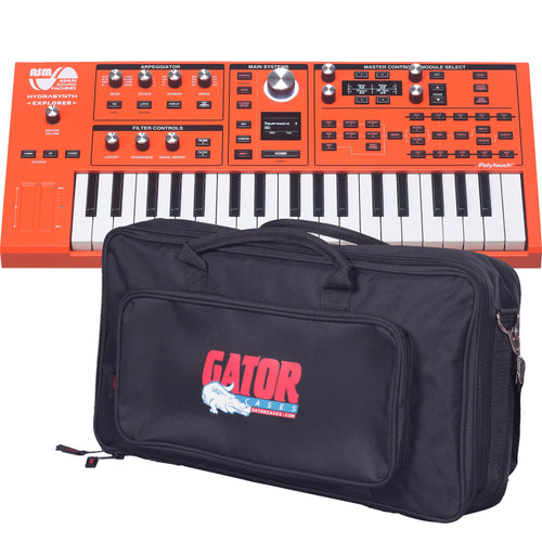 Collage showing components in ASM Hydrasynth Explorer 888 Polyphonic Wavemorphing Synthesizer CARRY BAG KIT