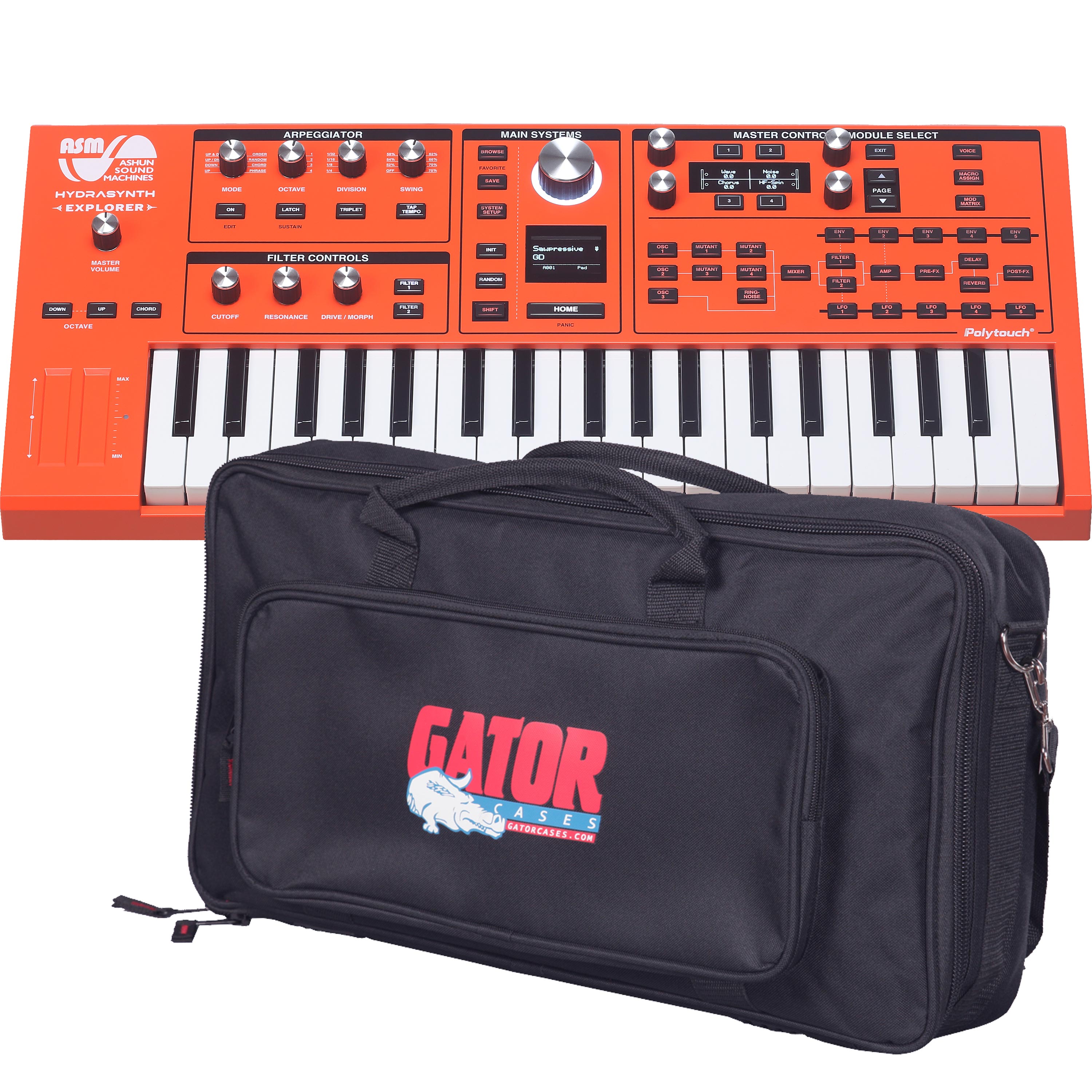 Collage showing components in ASM Hydrasynth Explorer 888 Polyphonic Wavemorphing Synthesizer CARRY BAG KIT