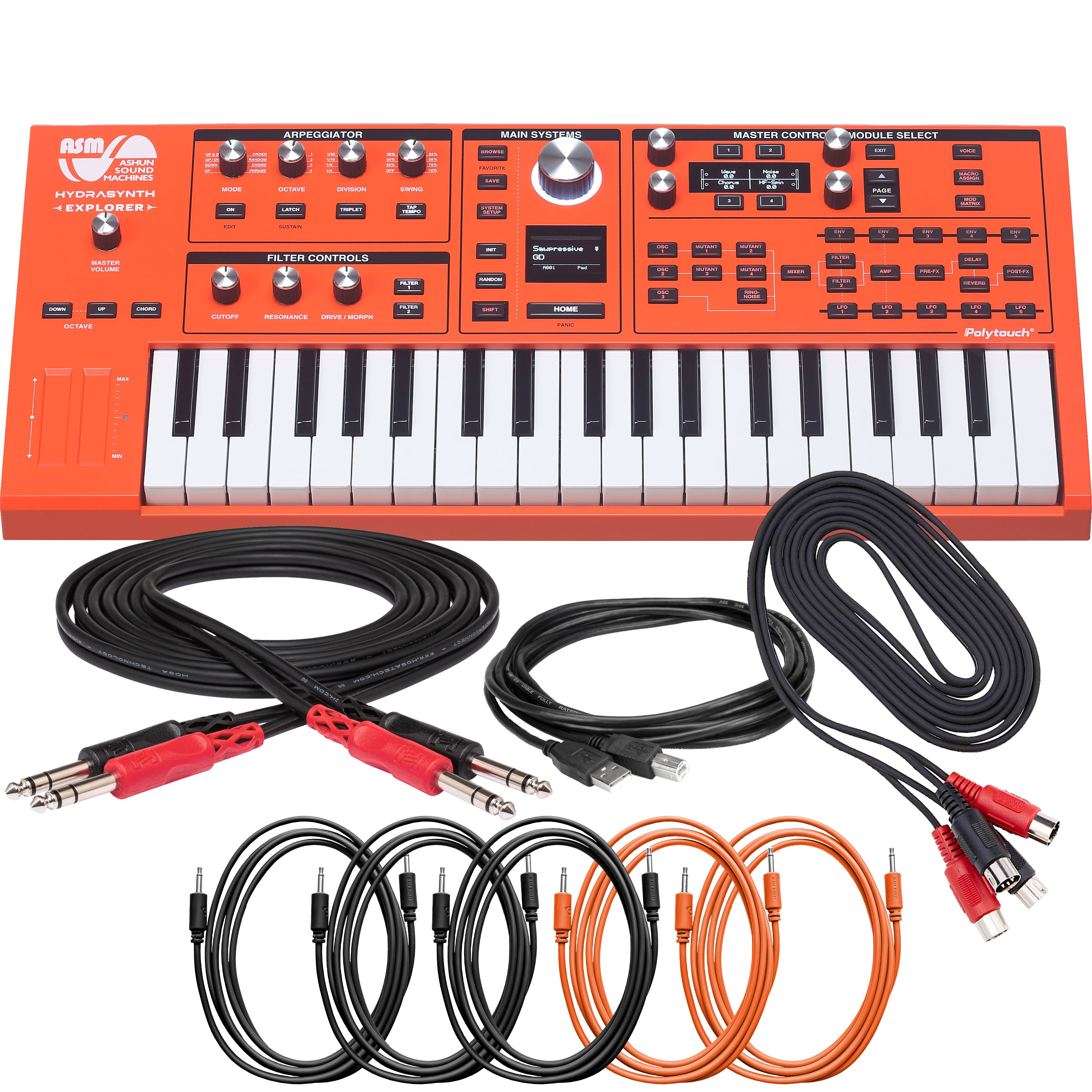 Collage showing components in ASM Hydrasynth Explorer 888 Polyphonic Wavemorphing Synthesizer CABLE KIT
