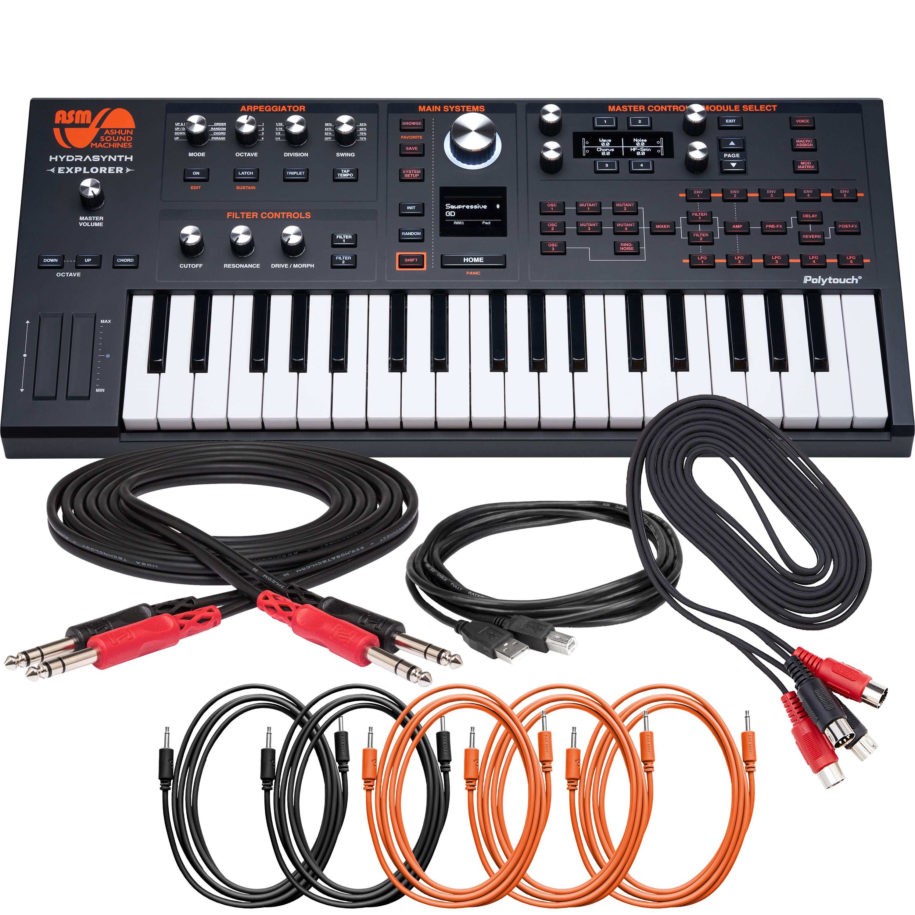 collage of items in ASM Hydrasynth Explorer Polyphonic Wavemorphing Synthesizer CABLE KIT