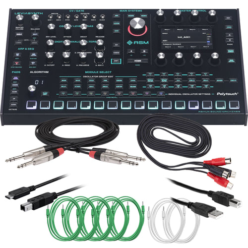 Collage showing components in ASM Leviasynth Desktop 16-Voice Algorithmic Synthesizer CABLE KIT