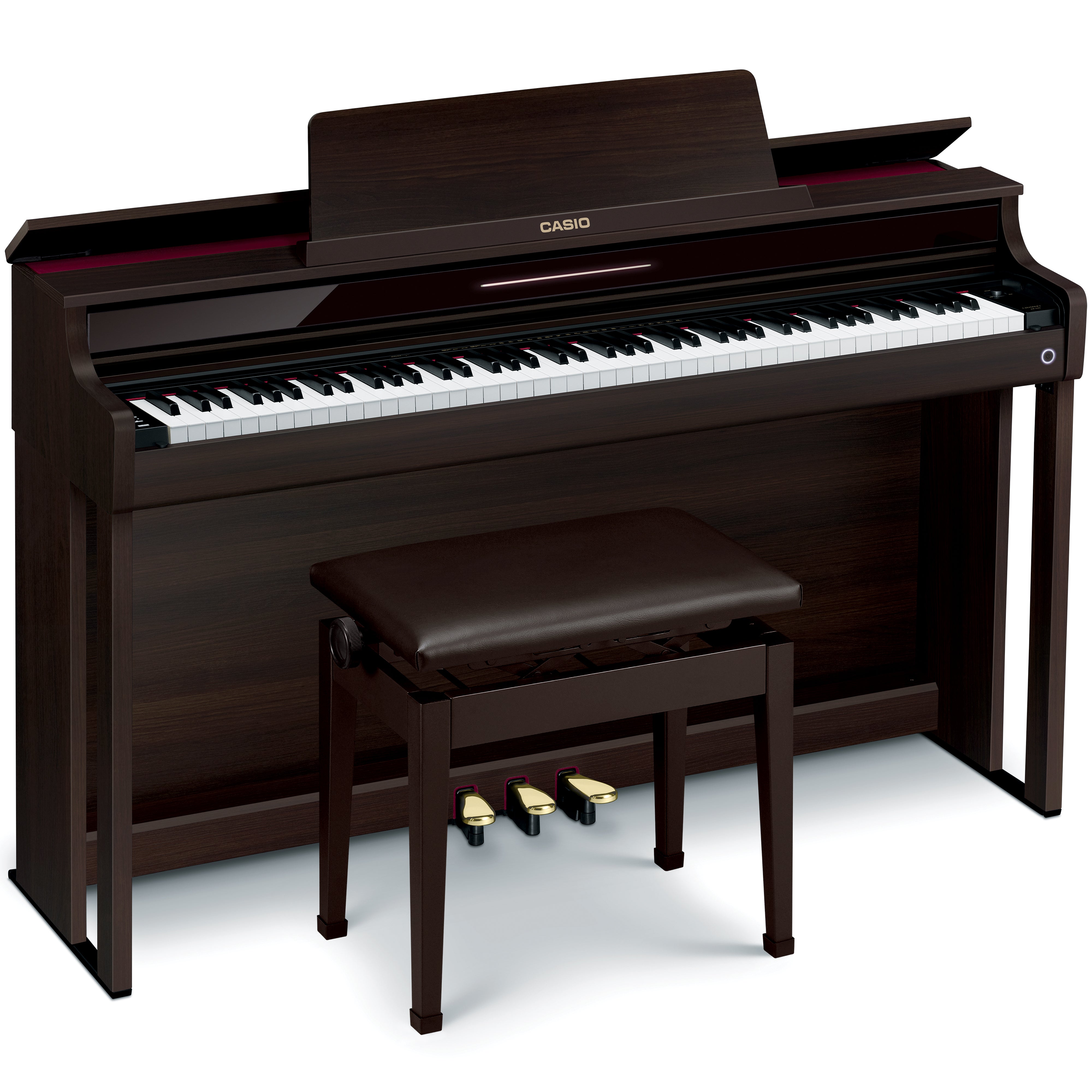 Casio Celviano AP-550 Digital Piano - Brown - facing right with lid open and bench