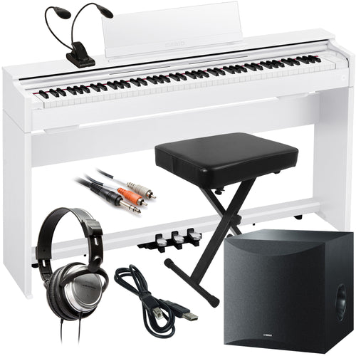 Collage of items included in the Casio Celviano AP-S200 Digital Piano - White COMPLETE HOME BUNDLE PLUS